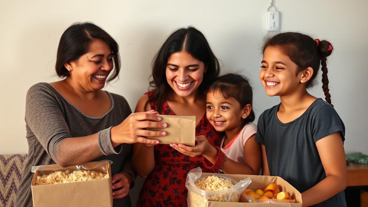 Família recebendo doação de alimentos